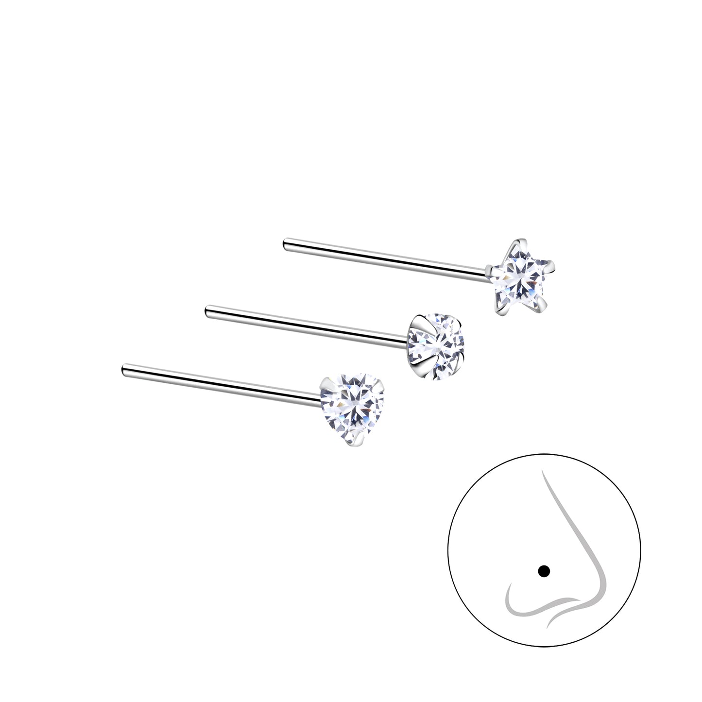 Sterling Silver 3mm Cubic Zirconia Nose Stud Set – 3 Pack