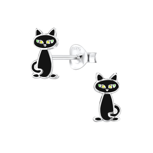 Sterling Silver Black Cat Stud Earrings