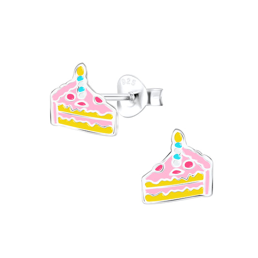 Sterling Silver Birthday Cake Slice Stud Earrings